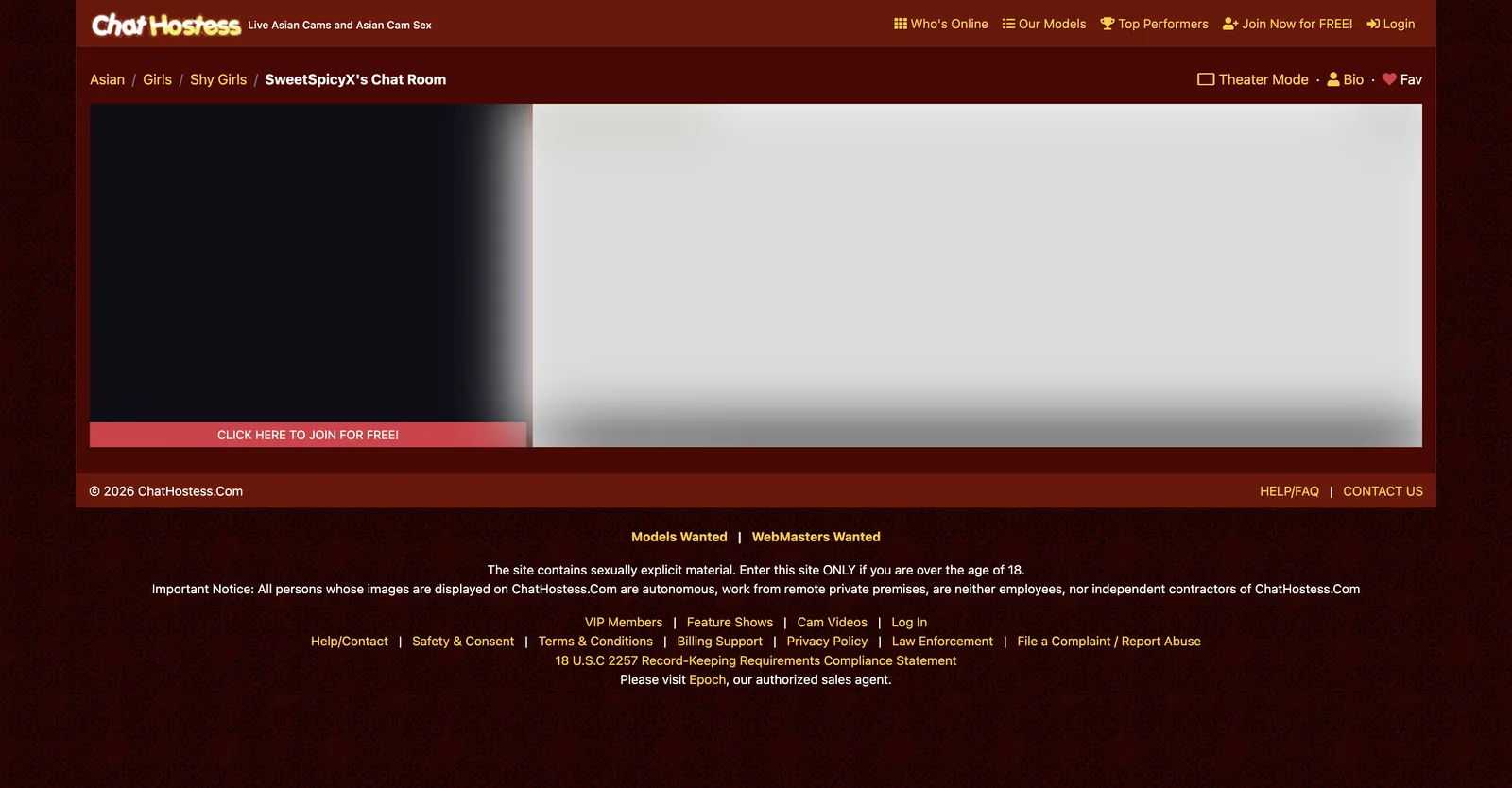 Chathostess chat room page showing a three level breadcrumb and a footer carrying Safety and Consent, Law Enforcement and File a Complaint links alongside an arm's length disclaimer