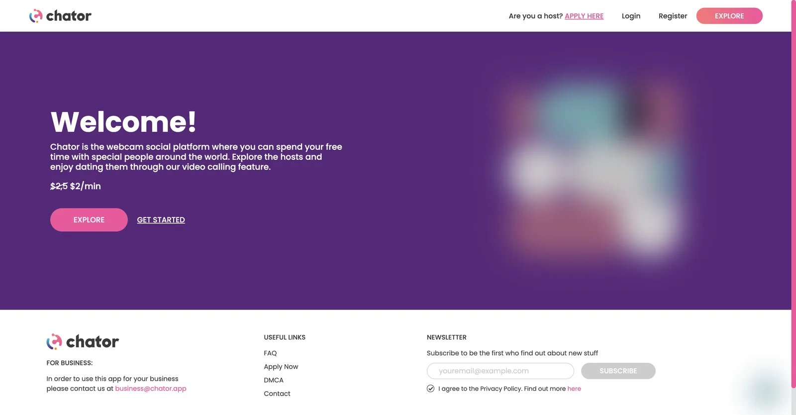 Chator home page describing itself as a webcam social platform, with a struck through price and a flat two dollars per minute rate printed under the welcome paragraph