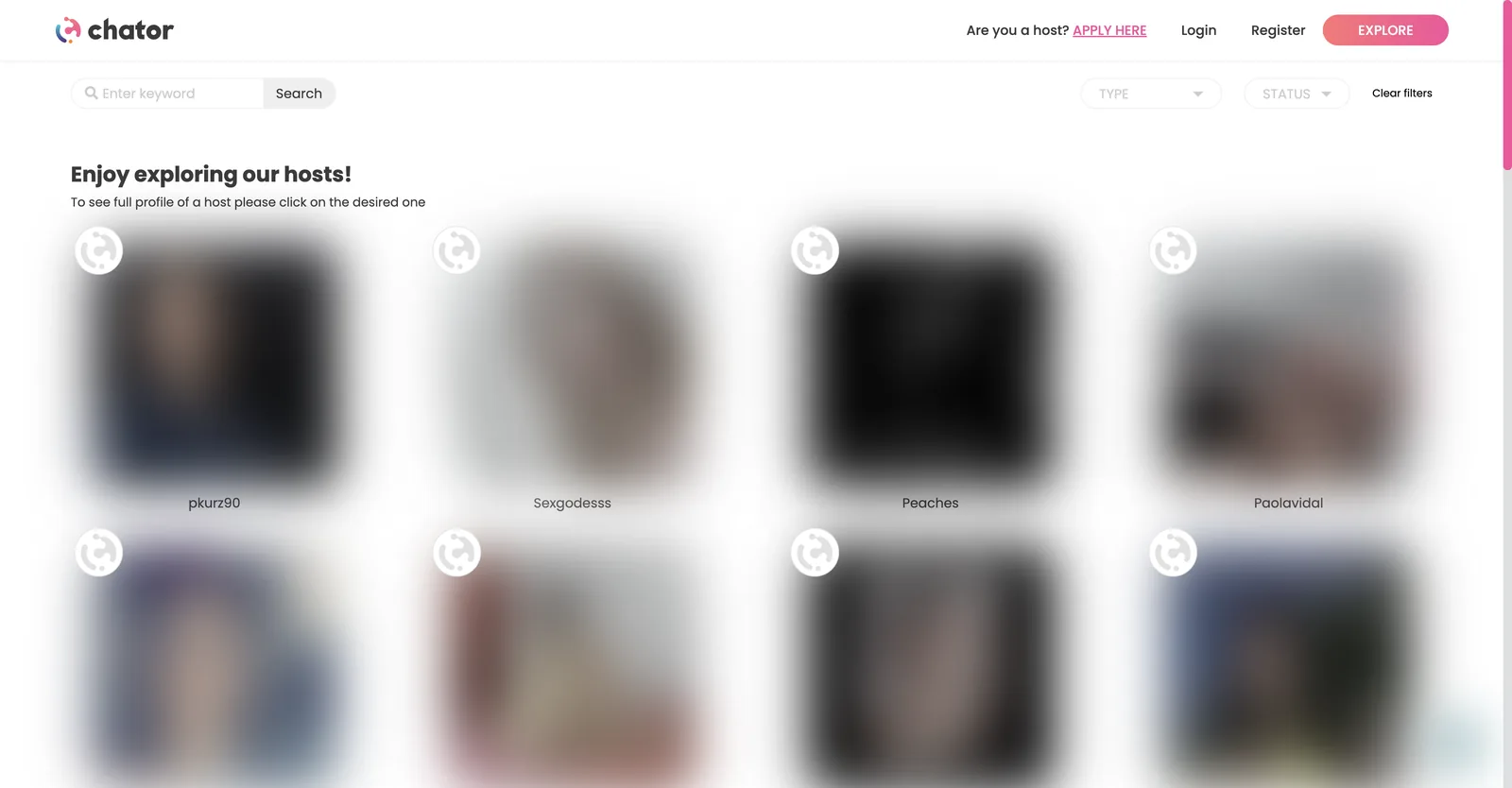 Chator Explore page showing a grid of host tiles with a keyword search and Type and Status filters, and a line reading showing 1 to 40 of 80 hosts