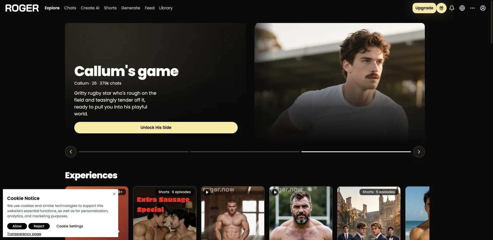 ChatRoger home page showing the Experiences row with AI boyfriend shorts and character cards