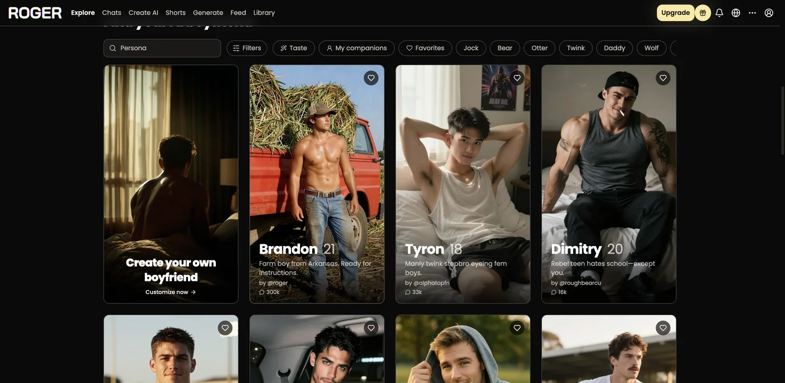 ChatRoger roster of AI boyfriends filtered by Jock, Bear, Otter, Twink, Daddy and Wolf categories