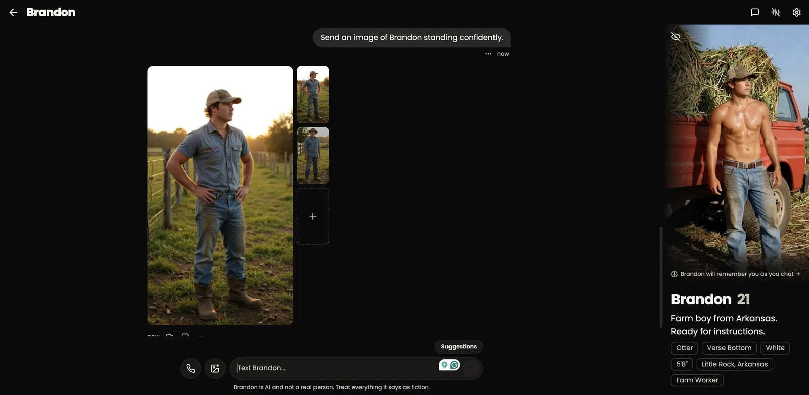 ChatRoger in-chat image generation returning three consistent variants of the same AI character
