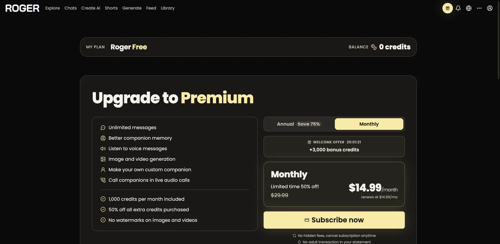 ChatRoger upgrade page showing Roger Free plan with zero credit balance and Premium annual pricing
