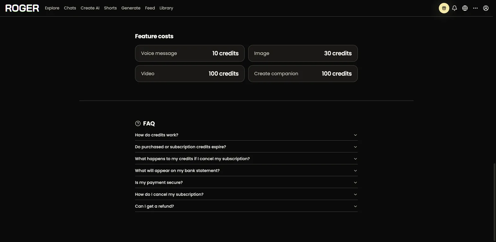 ChatRoger feature costs table showing voice message 10, image 30, video 100 and create companion 100 credits