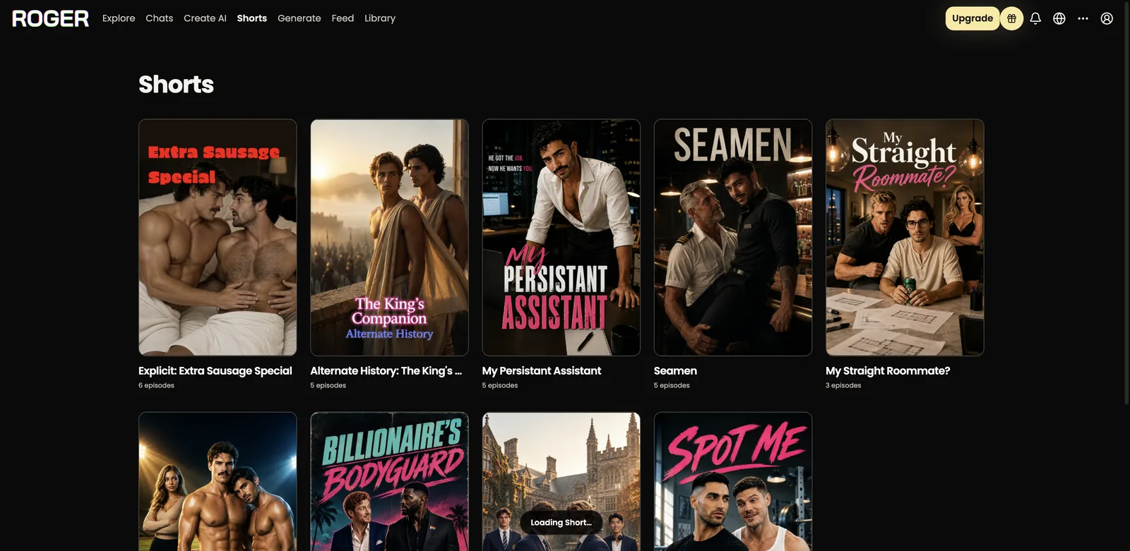ChatRoger Shorts library of episodic AI generated video dramas with cover art and episode counts