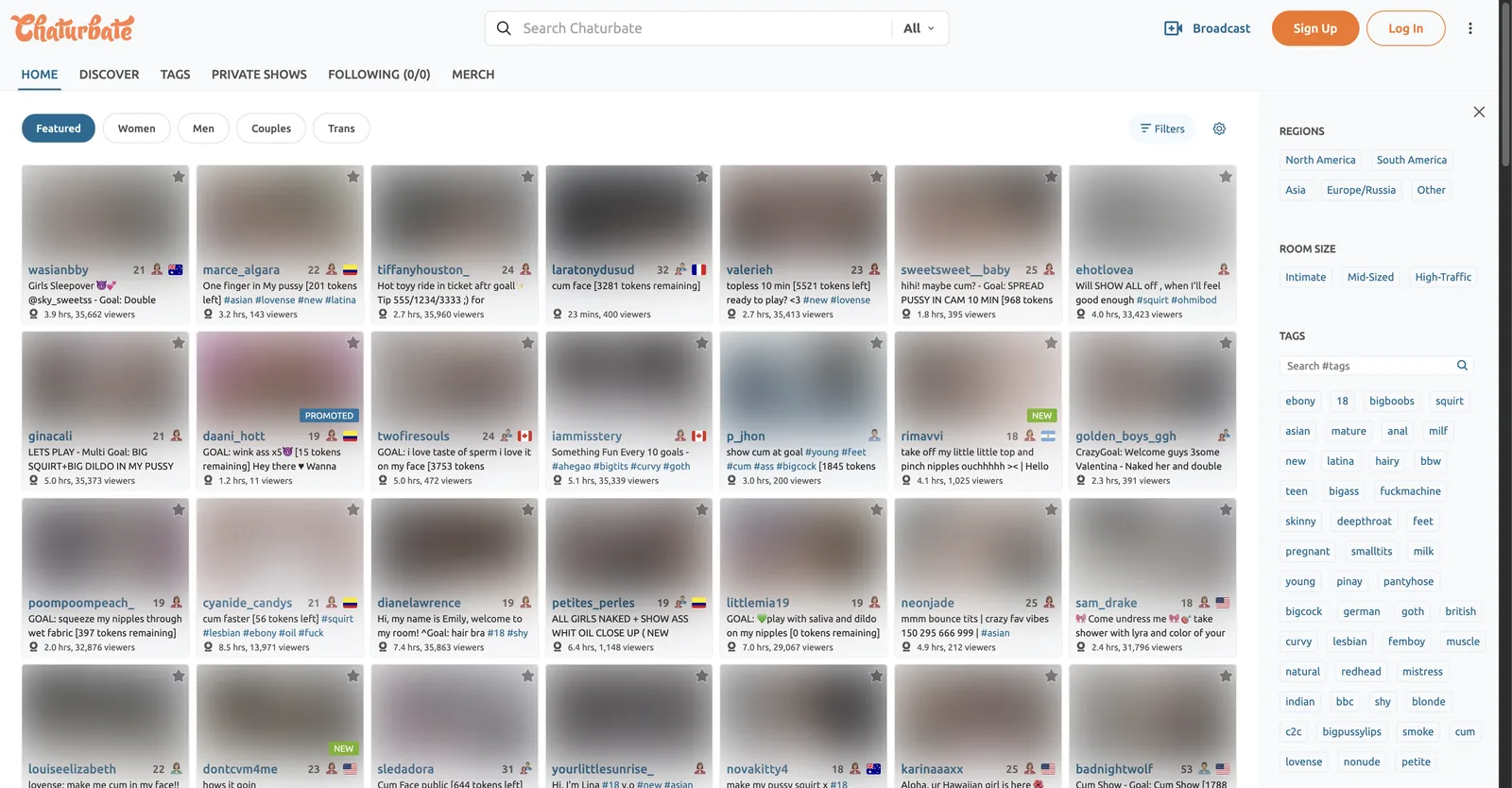 Chaturbate home page featured grid with viewer counts and hours live under each tile, beside a filter panel showing Regions, Room Size and Tags controls