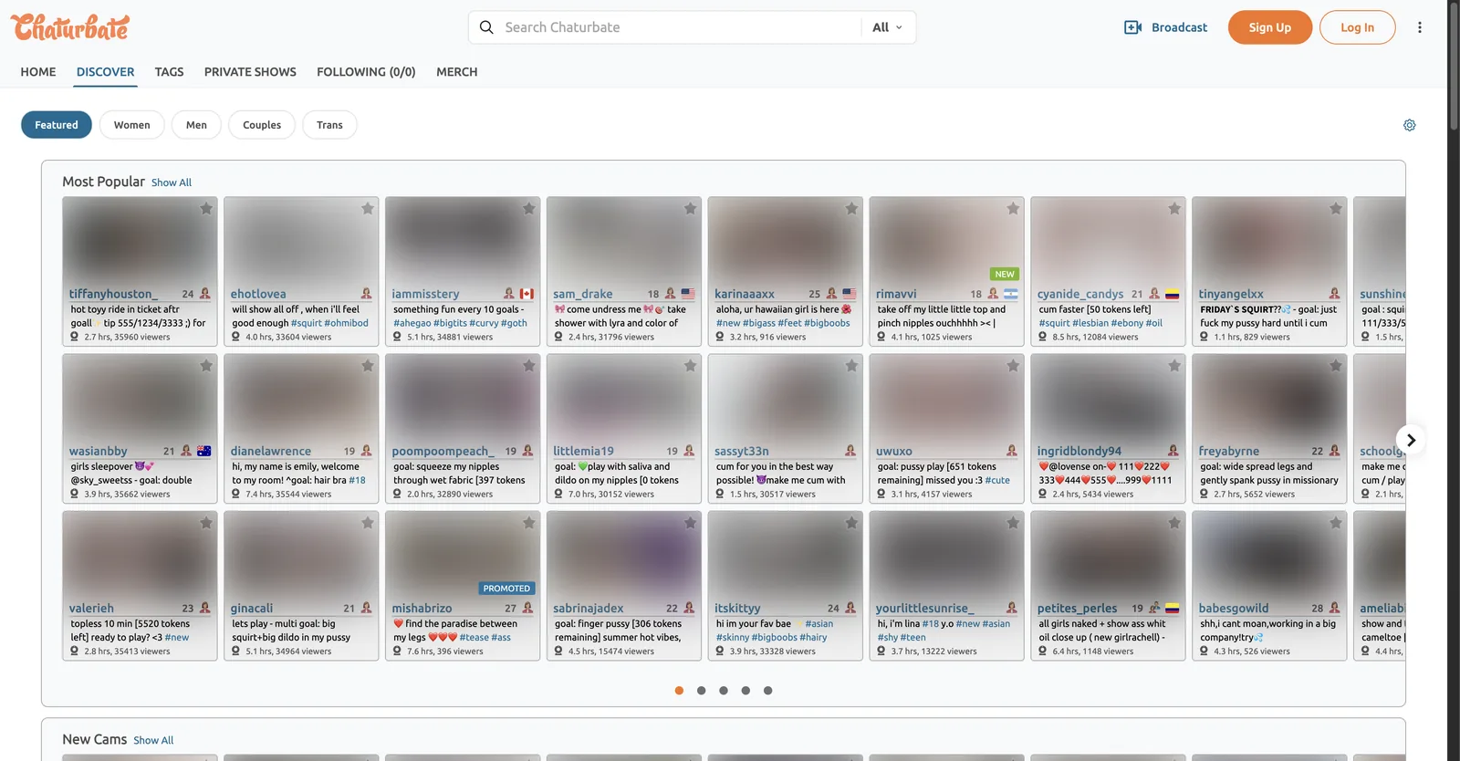 Chaturbate Discover page Most Popular row showing rooms with viewer counts clustered around thirty thousand alongside rooms in the hundreds