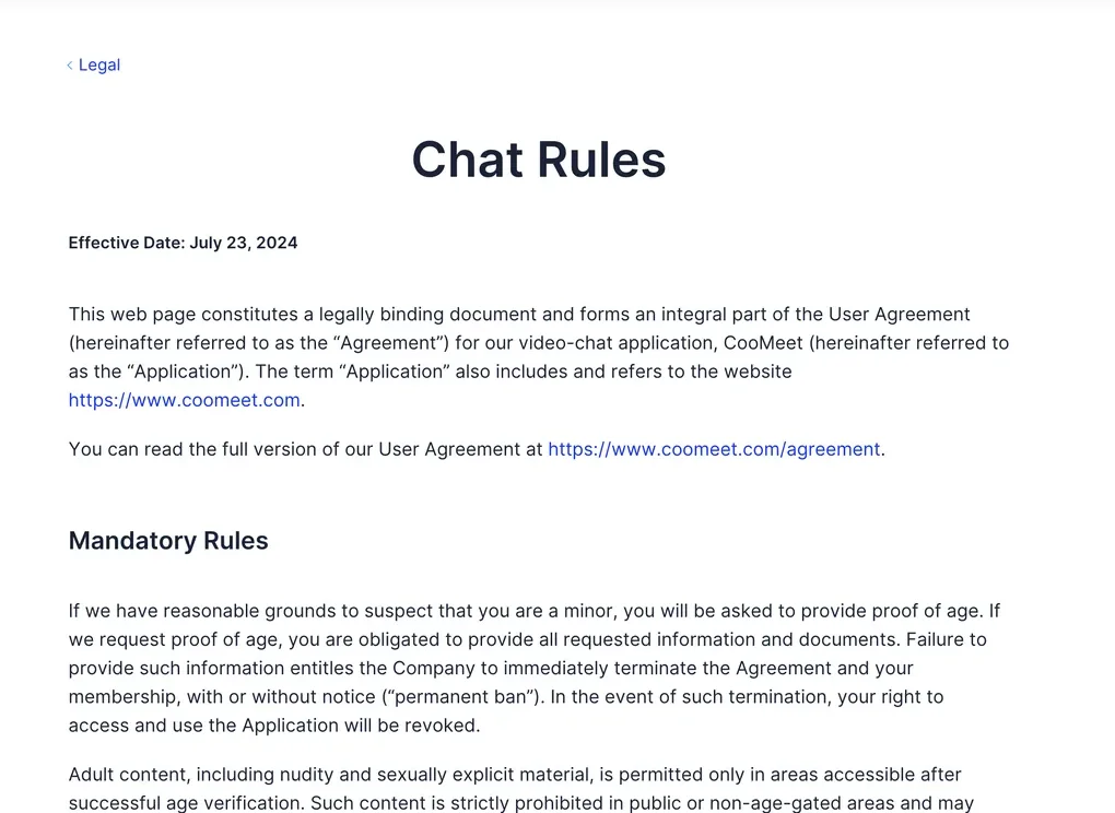 CooMeet Chat Rules legal page setting out mandatory rules including proof of age and where adult content is permitted