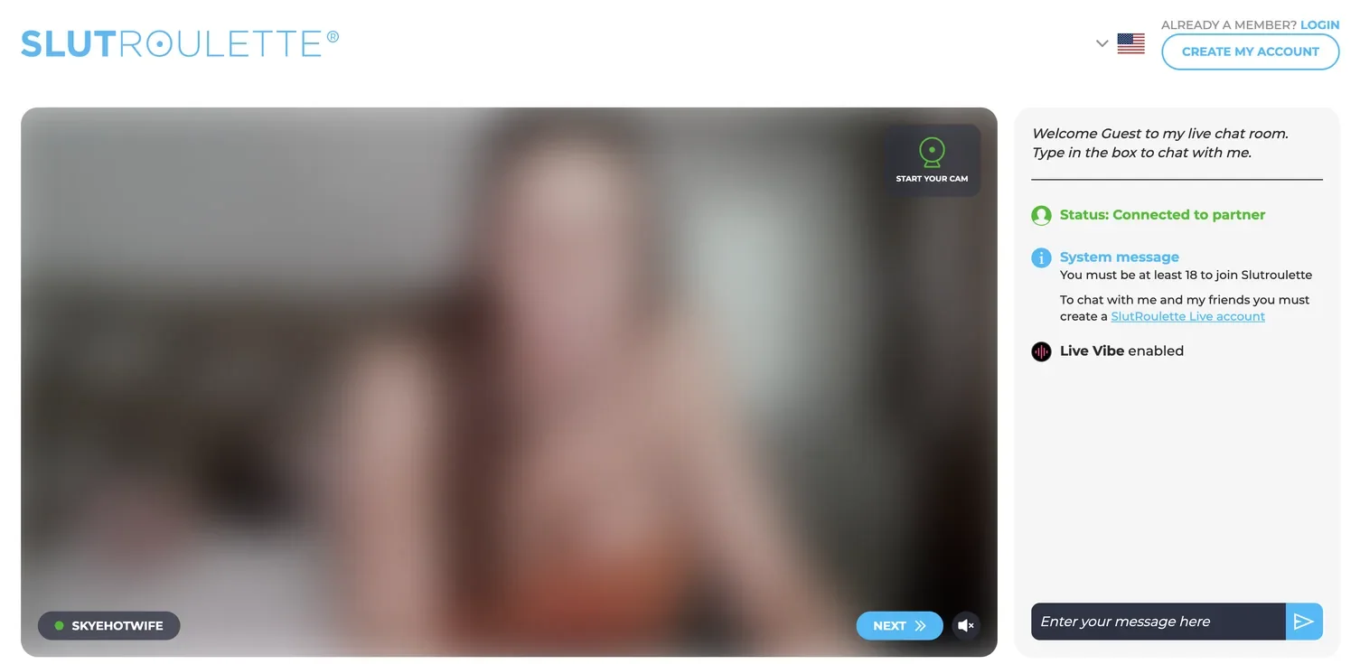 SlutRoulette chat interface with a live video panel, a Next button and a side panel carrying a system message about creating an account to chat