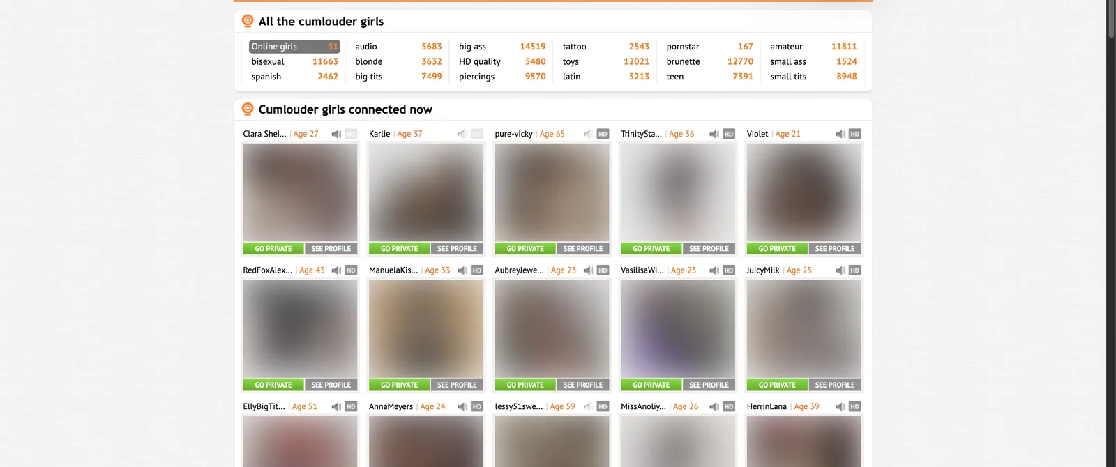Cumlouder cams home page showing a filter panel with tag counts including big tits 7499 and small tits 8948 against a stated roster, above a grid of live tiles each carrying an age