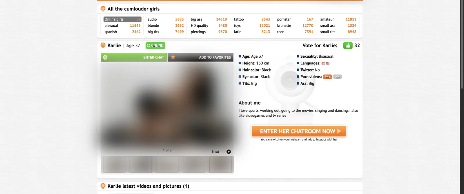 Cumlouder profile page listing age, sexuality, height in centimetres, languages as flags, hair and eye colour, a Twitter field and a porn videos field rendering as both Yes and No