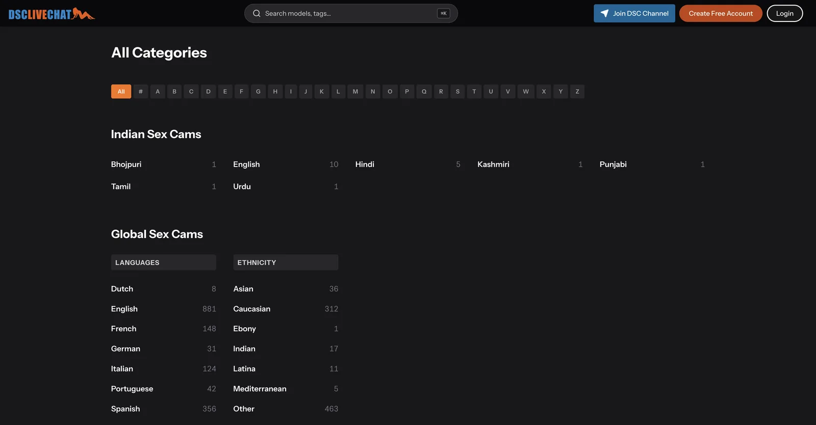 DSC Live Chat categories page listing languages, ethnicity, appearance, fetishes and countries, every entry with its own live model count