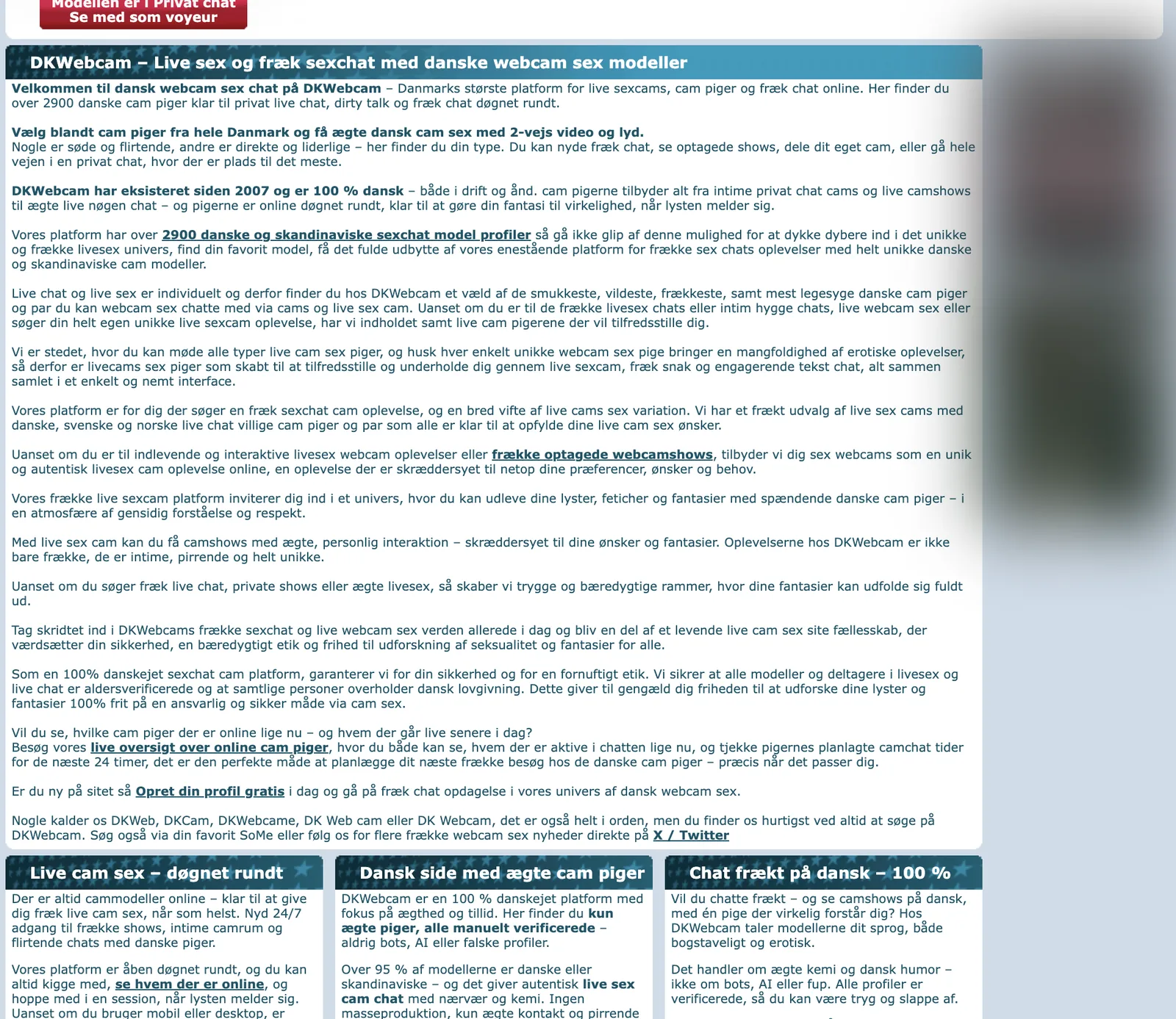 DKwebcam home page showing roughly a dozen paragraphs of repetitive Danish promotional copy, including a passage listing the site's own brand misspellings, above three feature panels