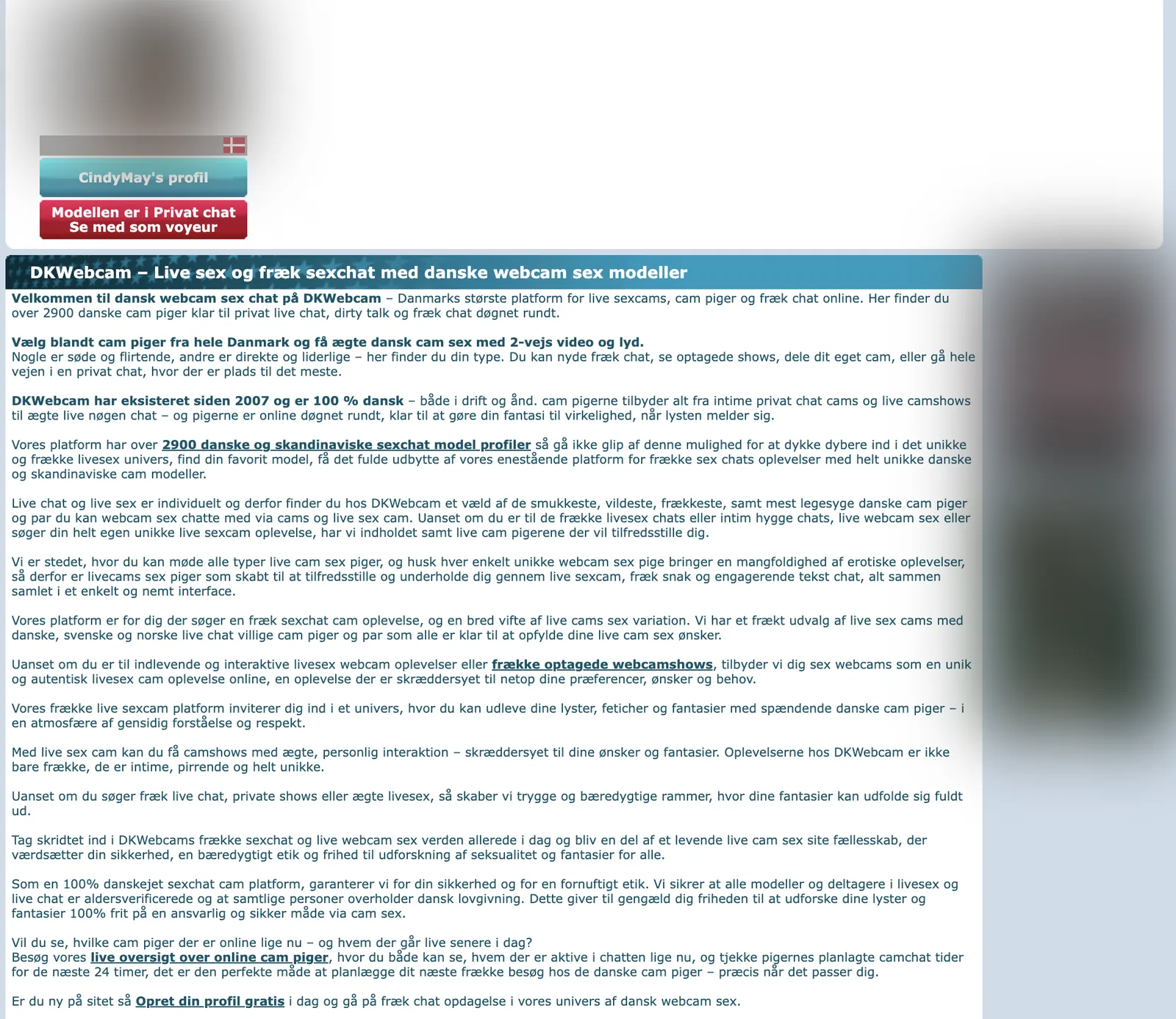 DKwebcam home page mid-section showing navigation entries for models online, models offline, webcam shows and free videos, alongside feature panels describing the platform as Danish-owned with manually verified models