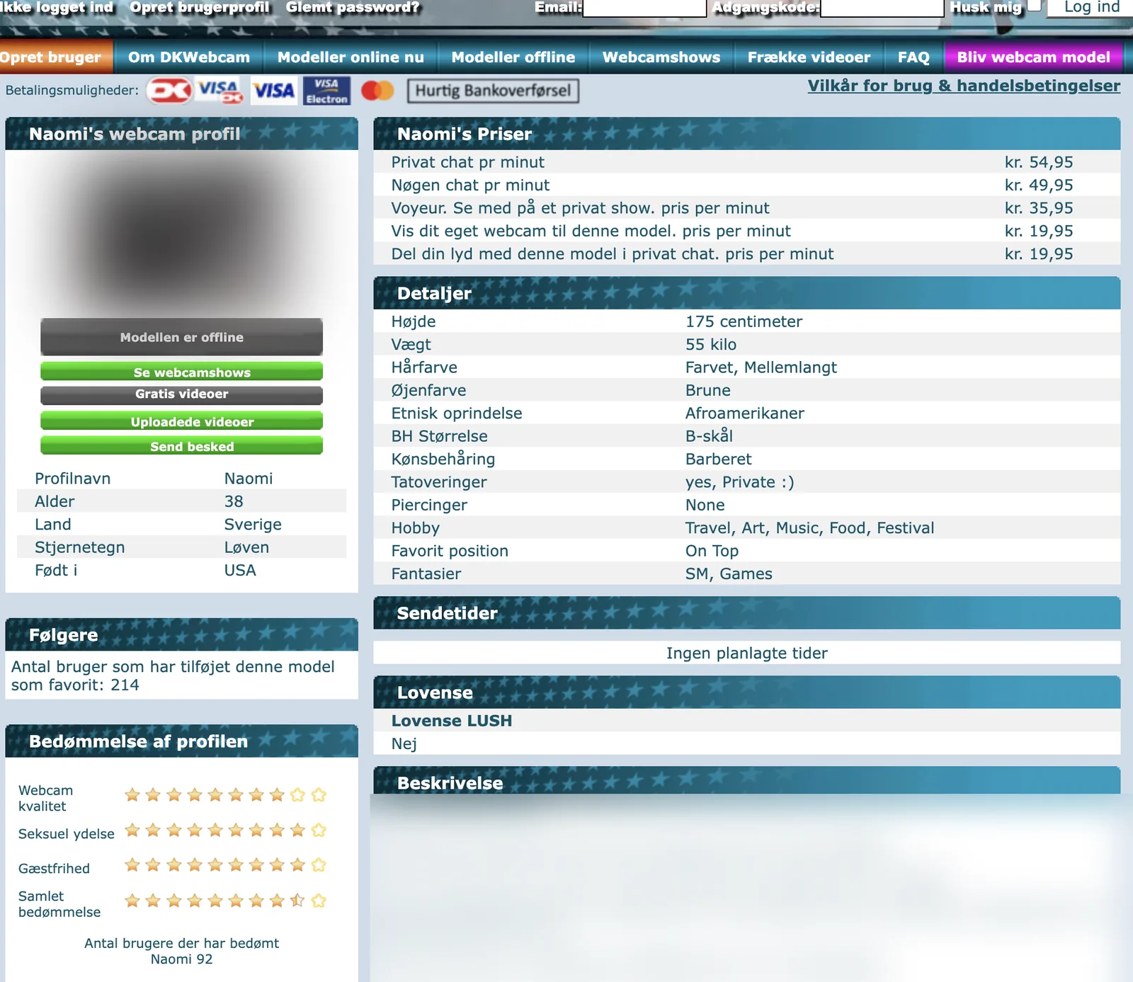 DKwebcam profile page showing a price table listing five separate per-minute rates in Danish kroner for private chat, nude chat, voyeur, showing your own webcam and sharing audio, beside a details block of structured fields and a four-axis rating panel with a rater count