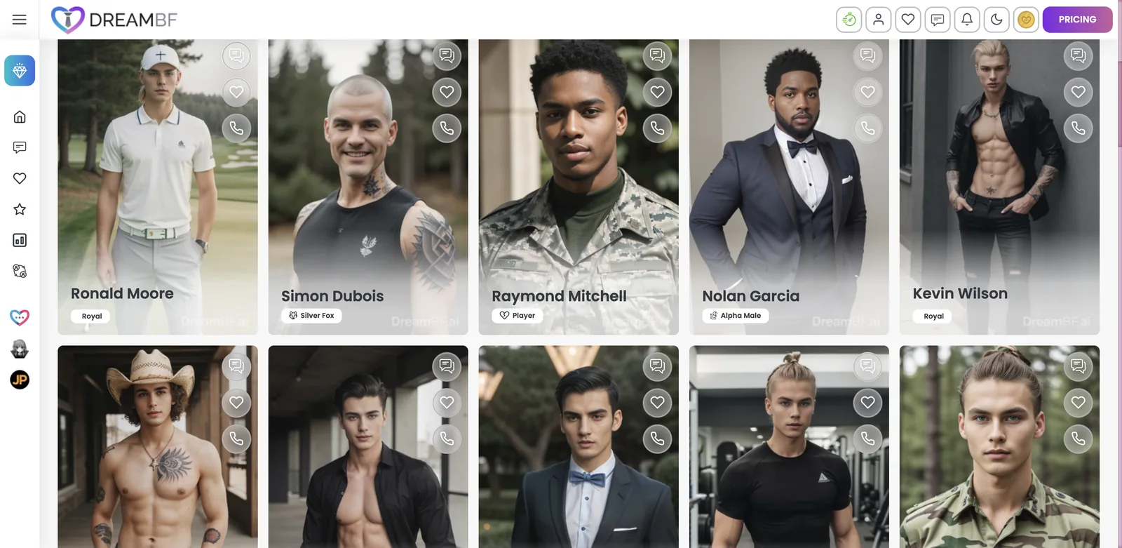 DreamBF.ai roster of AI boyfriends with personality archetype tags such as Royal, Silver Fox and Alpha Male