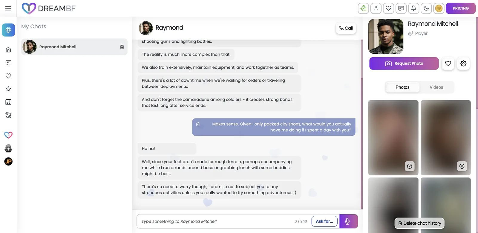 DreamBF.ai chat window showing replies split into several bubbles with an upgrade for faster replies prompt