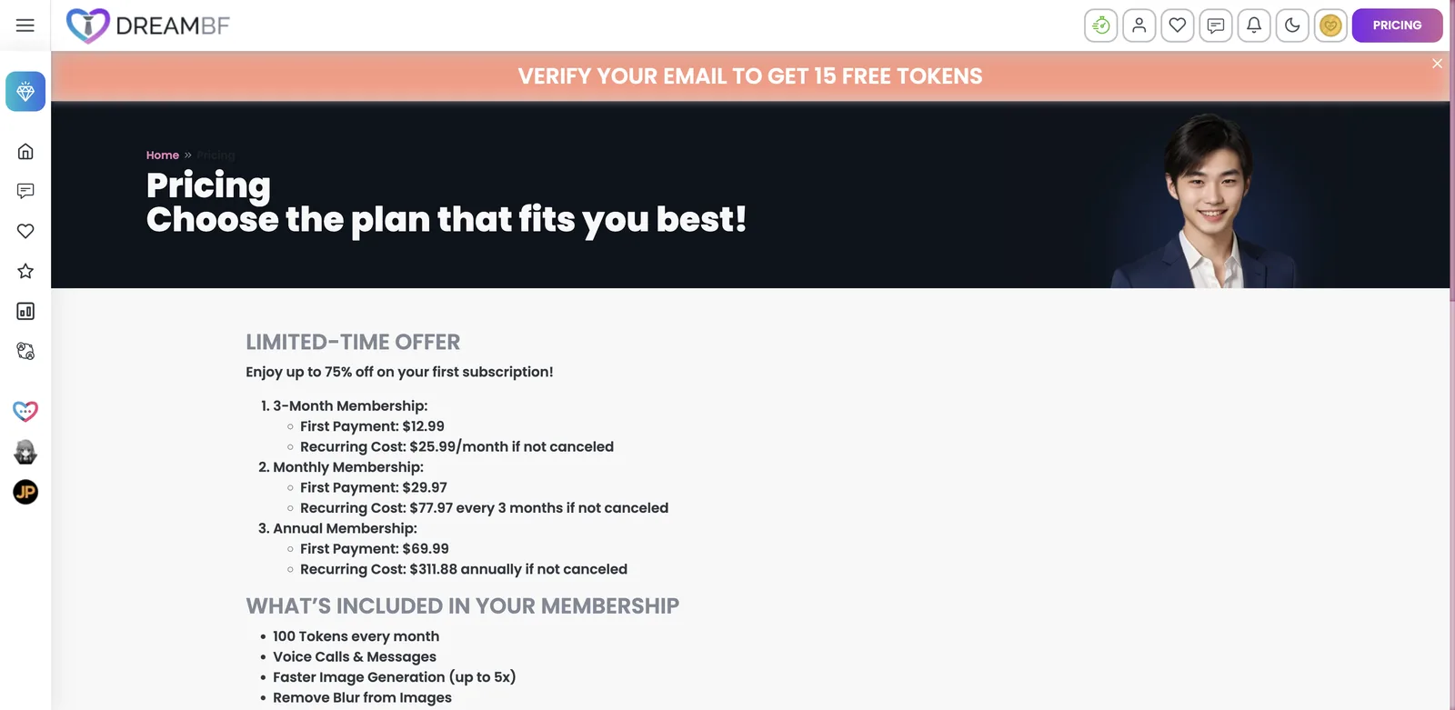 DreamBF.ai pricing page listing first payments and much higher recurring costs for each membership