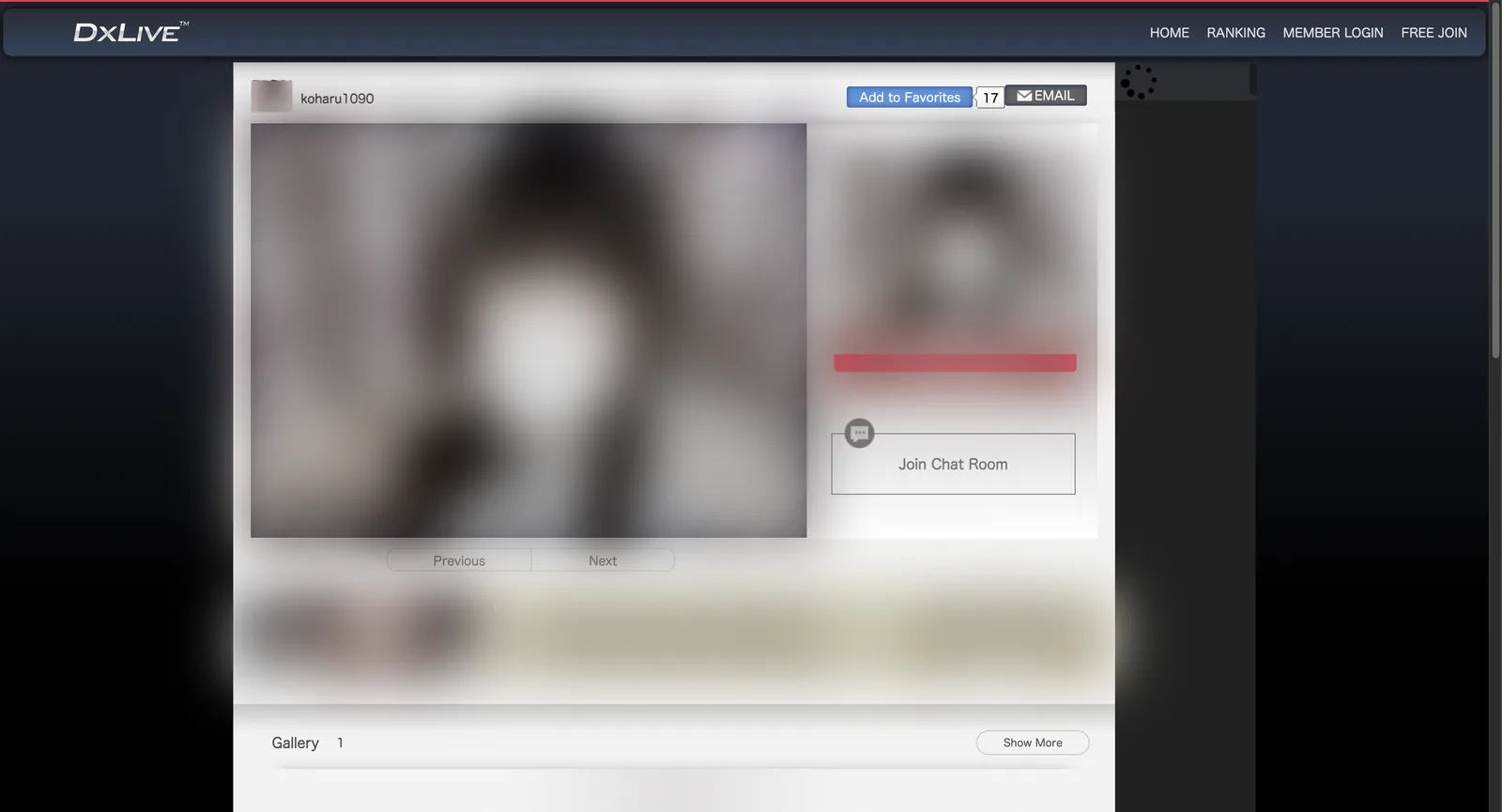 DxLive performer preview page with a masked main image, an add to favorites counter, an email button and a join chat room panel