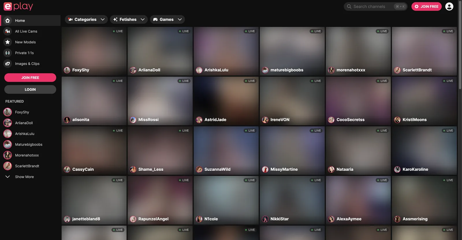 ePlay home page showing a dense grid of live tiles with a featured rail down the left side and no live counts anywhere