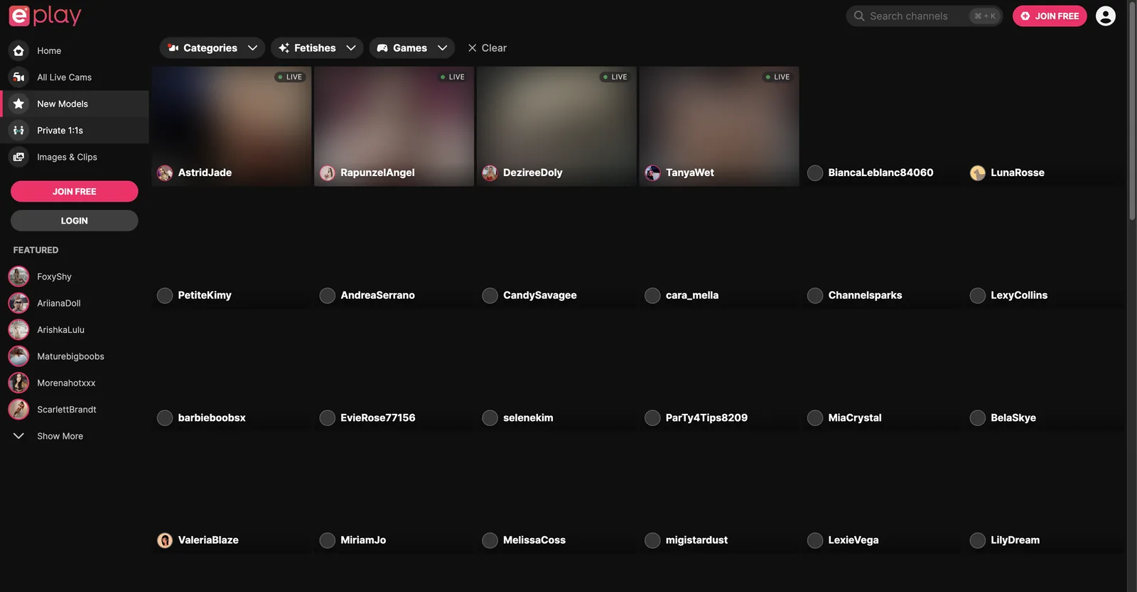 ePlay new models page listing recently joined streamers, many without a live badge