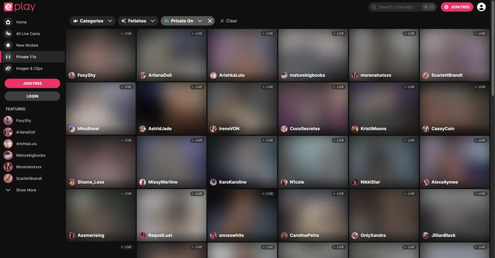 ePlay live cams grid filtered by a game parameter, with Categories, Fetishes and Games as three top level filter dropdowns