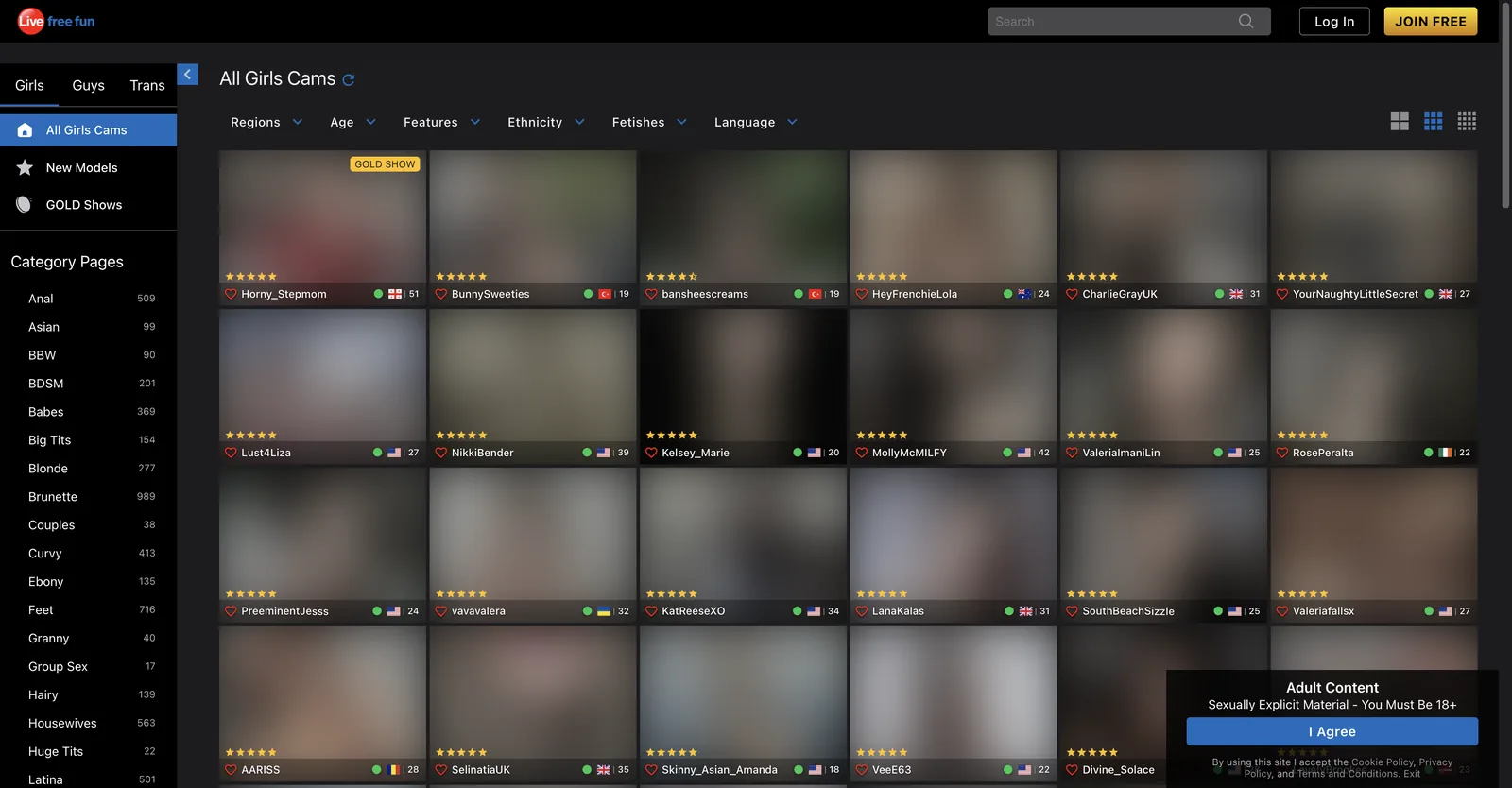 ExposedWebcams girls grid with a counted category rail showing Toys at 1093 and Brunette at 989, tiles carrying ages, country flags and star ratings that visibly vary