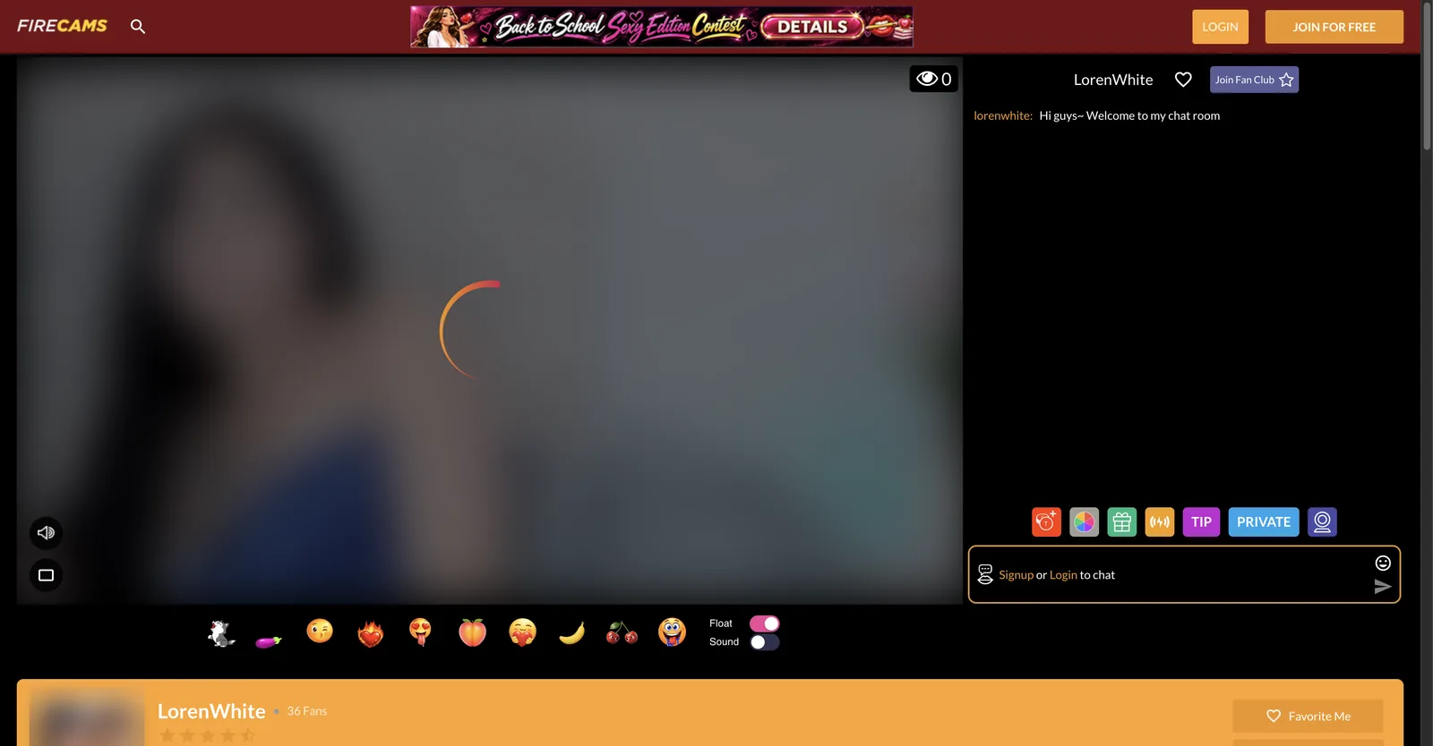 FireCams room with a chat panel stating the toy buzz costs, an emoji reaction bar and an action row carrying tip, private and cam2cam controls