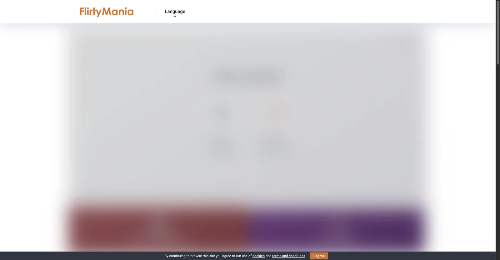 FlirtyMania single page marketing site with a logo, a language switcher and a cookie consent banner, and no chat rooms, counters, login or sign-up anywhere on the page