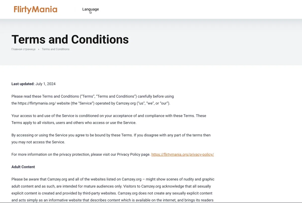 Terms and Conditions page on the flirtymania.org domain stating that the website is operated by Camzey.org, with a Russian language breadcrumb above the heading