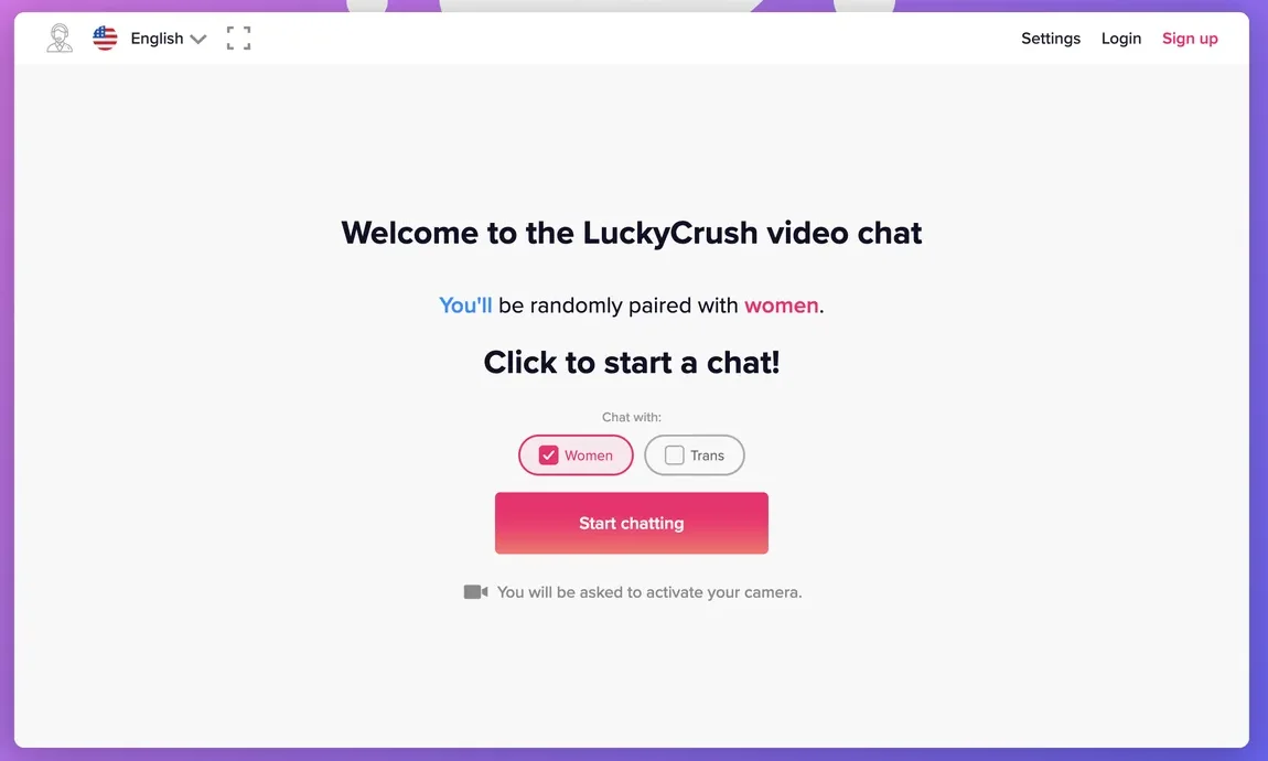 LuckyCrush start screen explaining random pairing with women and trans users, with a Chat with selector and a Start chatting button