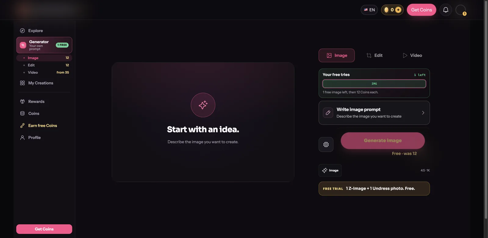 GeneratePorn.ai explore page layout with generator sidebar showing image, edit and video coin costs