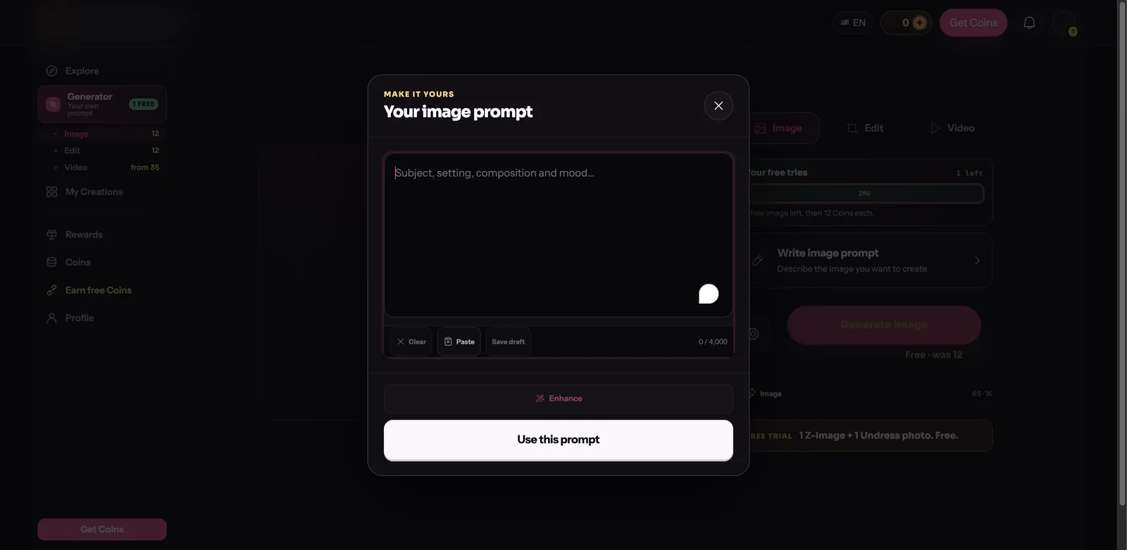 GeneratePorn.ai generator studio showing the free tries counter and a Generate Image button