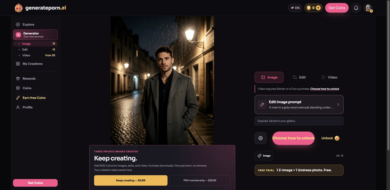 Photoreal AI image of a man in a grey wool overcoat on a rainy cobbled street generated on the GeneratePorn.ai free trial