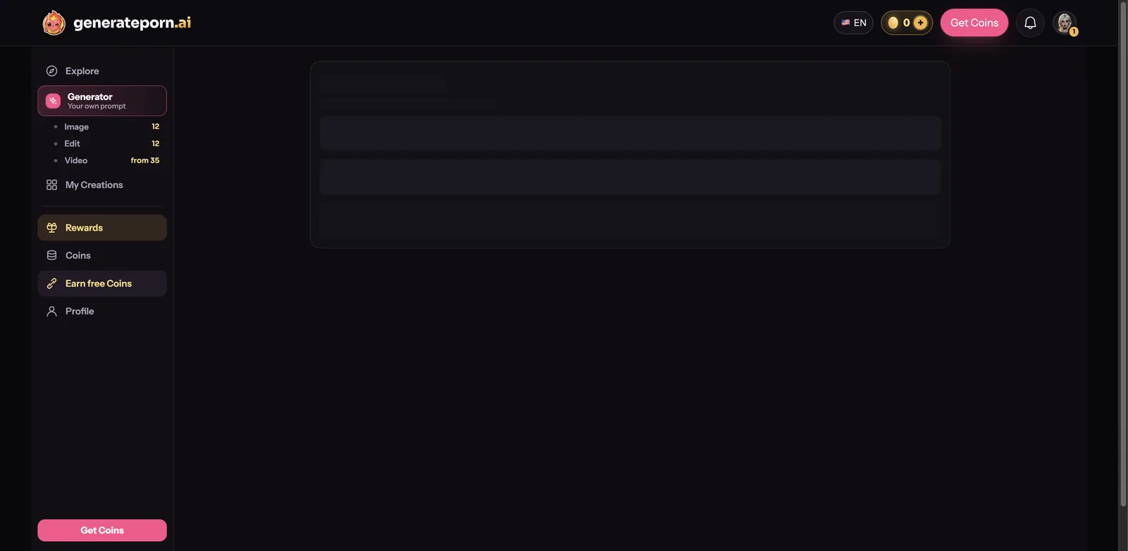 GeneratePorn.ai coin packs from 65 coins at $4.99 up to 3310 coins at $149.99 with per thousand rates
