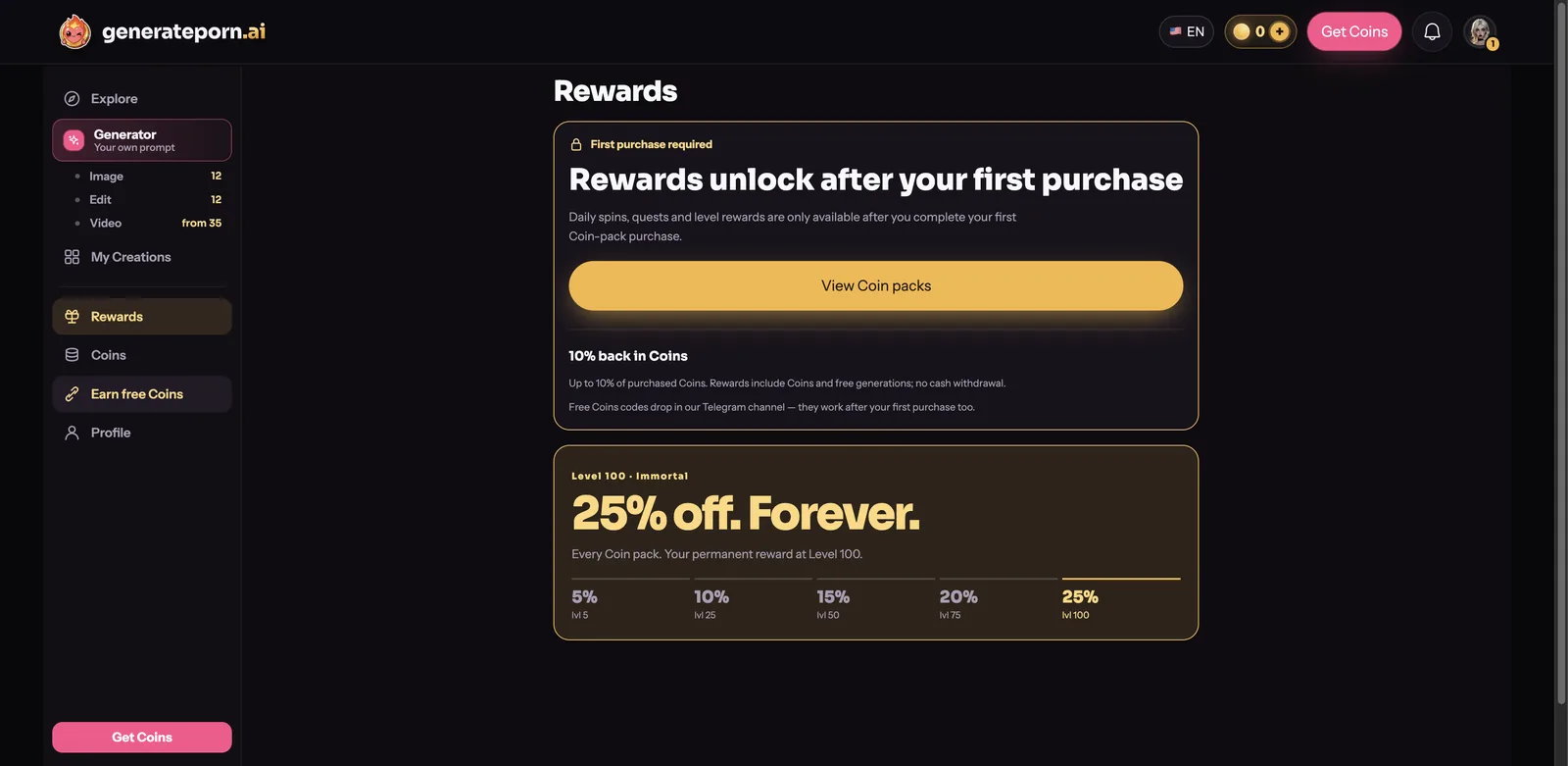 GeneratePorn.ai rewards page stating that rewards unlock after your first purchase with a loyalty discount ladder