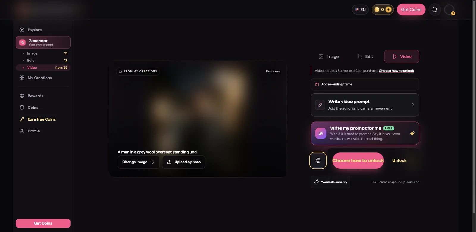 GeneratePorn.ai video setup showing resolution and duration pricing from 35 coins for five seconds to 210 for thirty
