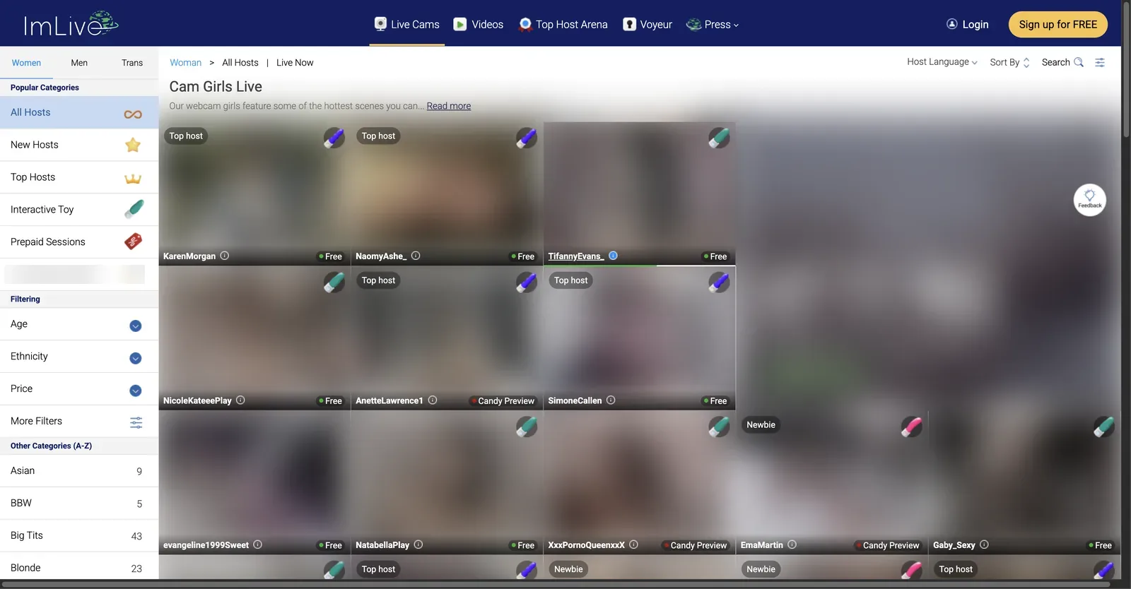 ImLive cam girls page with a left sidebar listing categories and their counts including Asian 9, BBW 5, Big Tits 43 and Blonde 23
