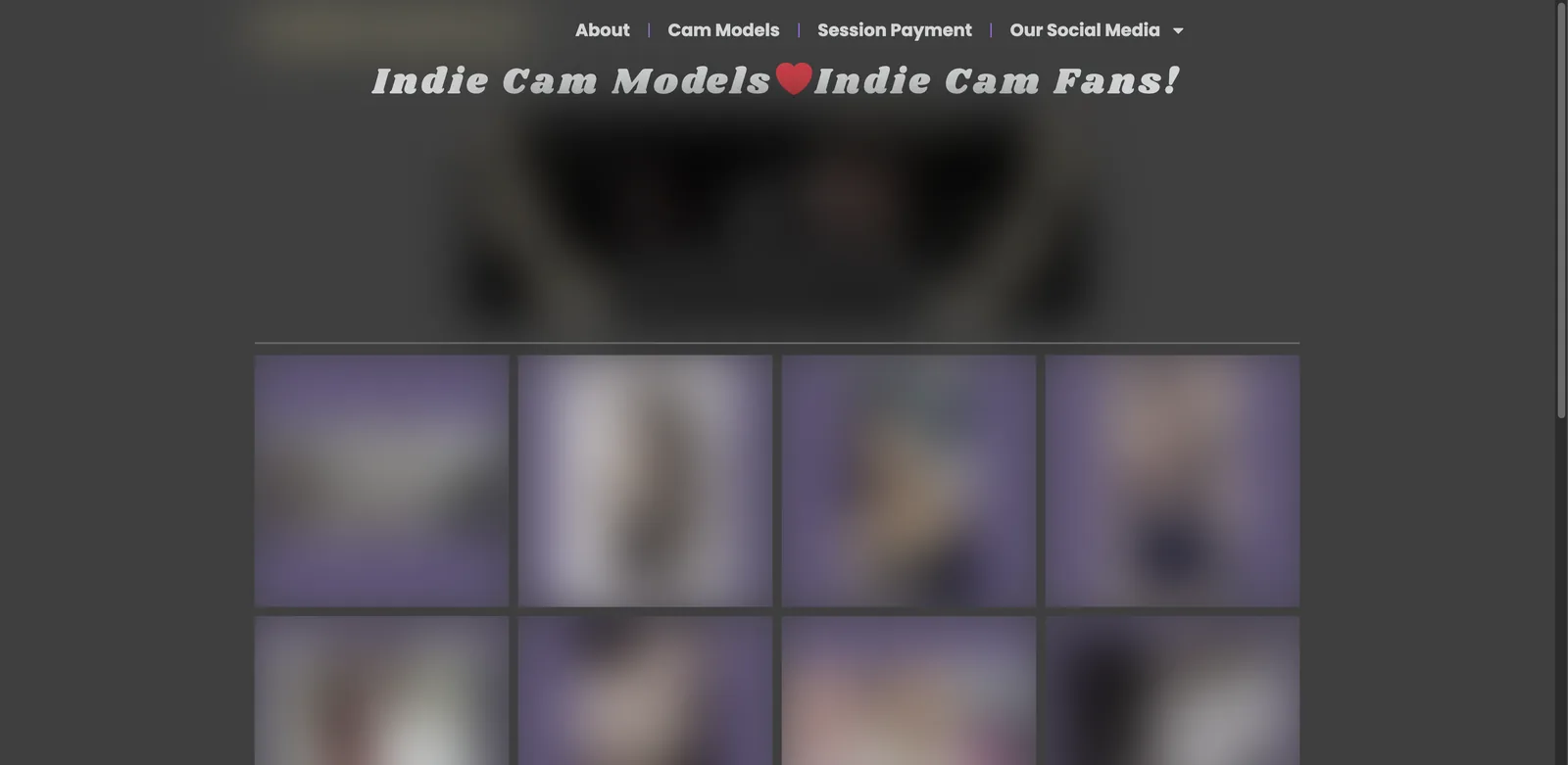 IndieCamFans home page with a four-item navigation reading about, cam models, session payment and social media, under a heading reading Indie Cam Models love Indie Cam Fans, above a grid of performer tiles
