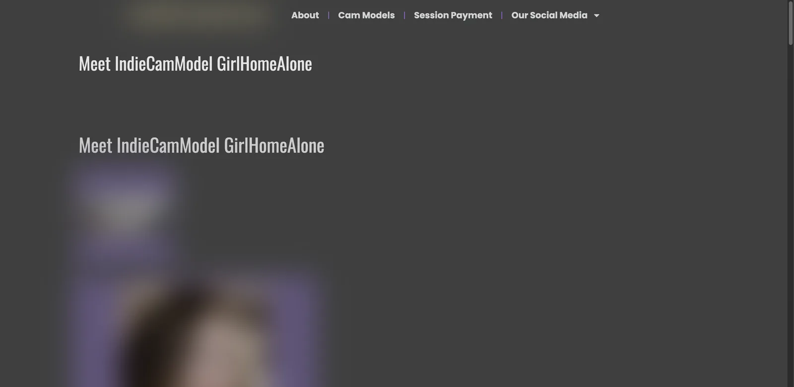 IndieCamFans performer page headed meet the model, with a self-written profile below covering show contents, specialities, languages, streaming equipment and the performer's own per-minute pricing