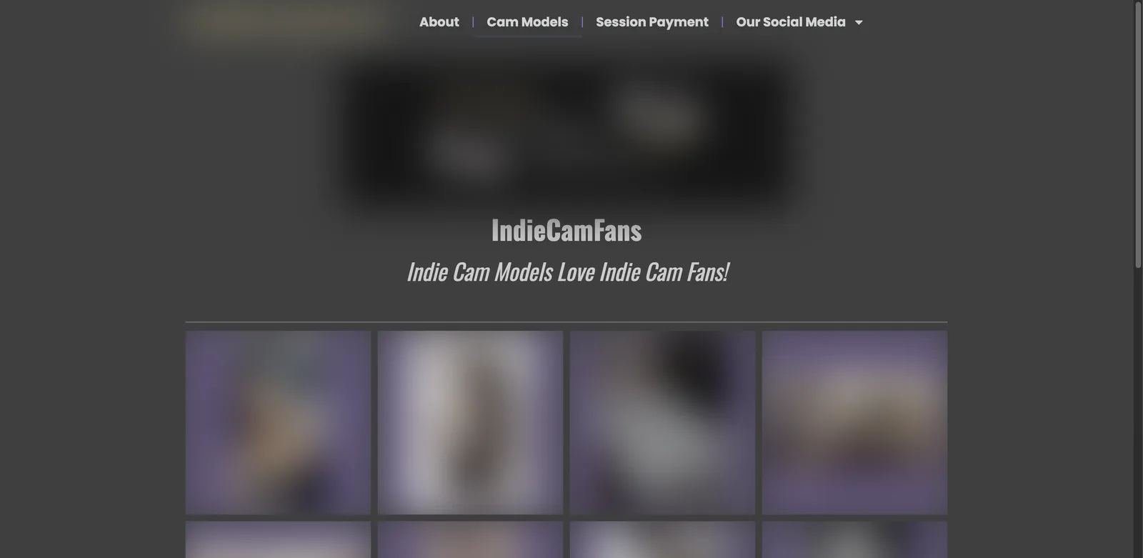IndieCamFans cam models page headed with the site name and strapline, above a grid of performer tiles with no availability indicators or filter controls