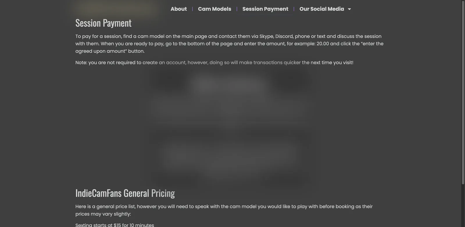 IndieCamFans session payment page explaining that buyers should contact a performer via Skype, Discord, phone or text, agree a session, then enter the agreed amount into a payment box, above a general price list heading