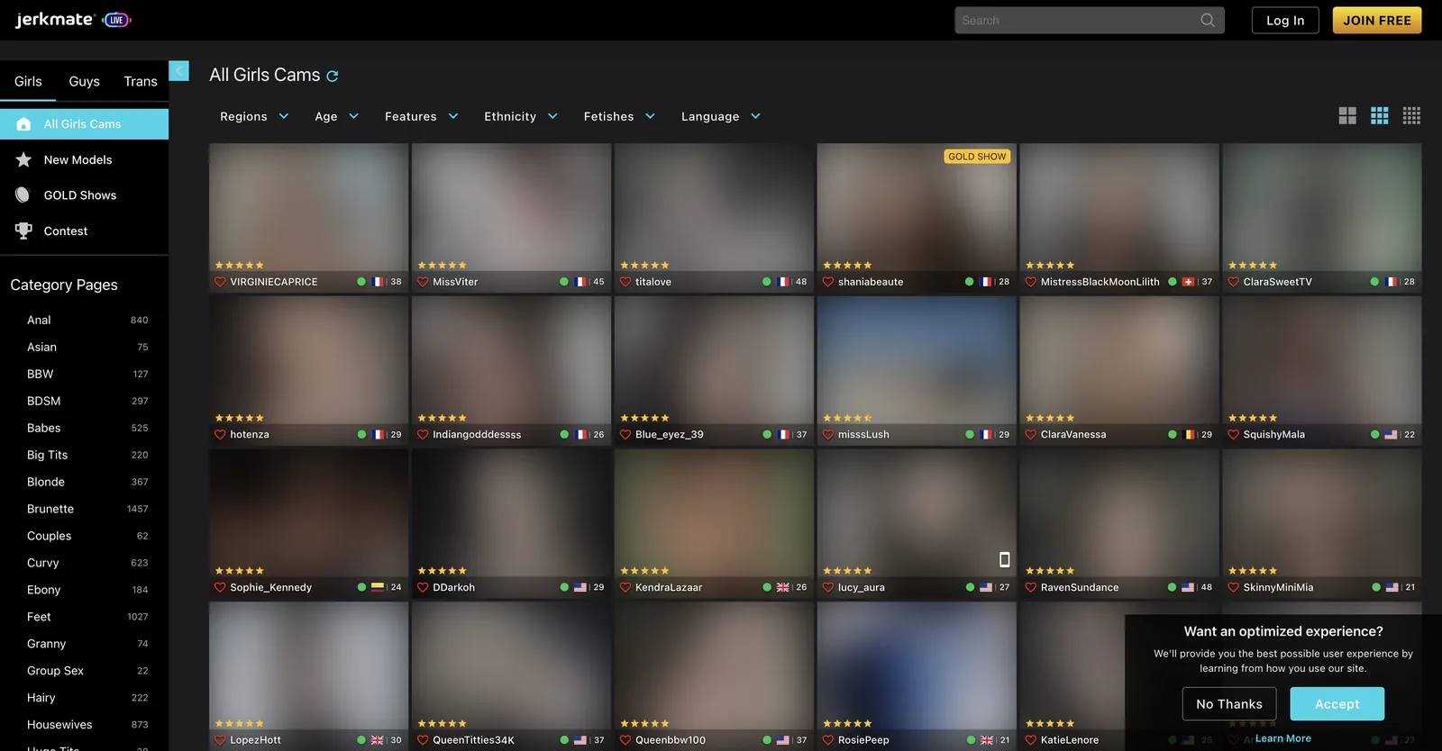 Jerkmate main cam grid with Girls, Guys and Trans tabs, six filter dropdowns for Regions, Age, Features, Ethnicity, Fetishes and Language, a left sidebar of category pages with counts, and tiles carrying star ratings, country flags and ages