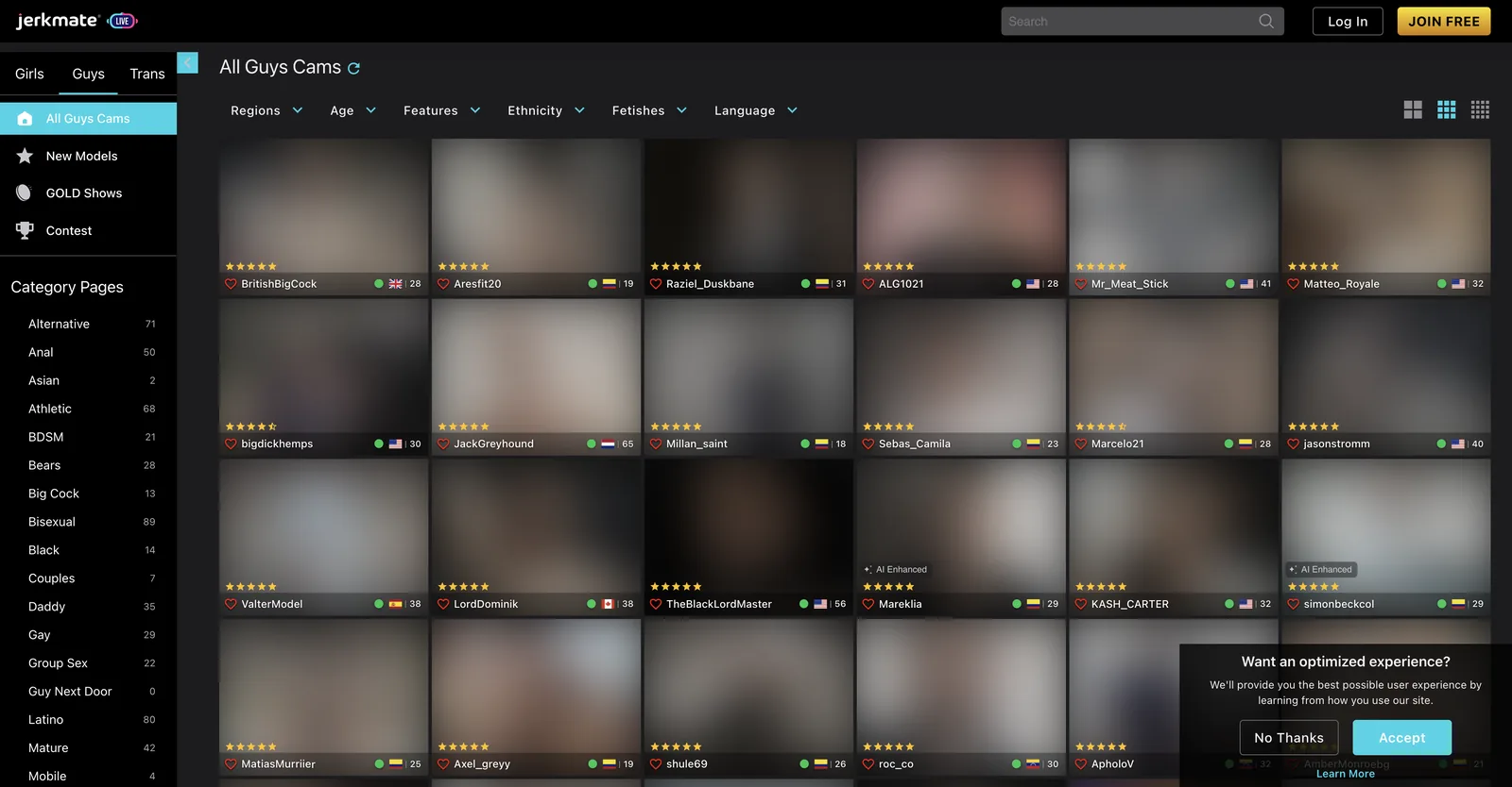 The Jerkmate guys section showing a two page grid, a sidebar of twenty one category pages with counts including one reading zero, and small AI Enhanced badges on several tiles