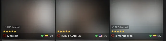 Jerkmate Live grid tiles carrying a small AI Enhanced badge in the corner beside star ratings, country flags and ages