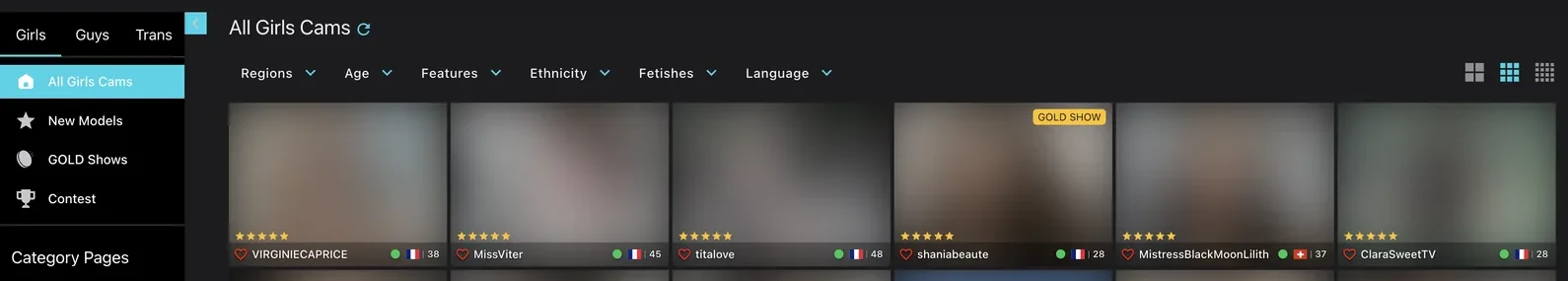 Jerkmate Live girls grid with six filter dropdowns for Regions, Age, Features, Ethnicity, Fetishes and Language above tiles carrying star ratings, country flags and ages