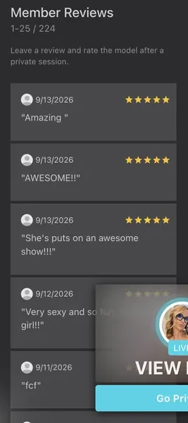 Jerkmate Live member reviews column showing dated five star reviews with a running count of 224 and a note that reviews follow a private session