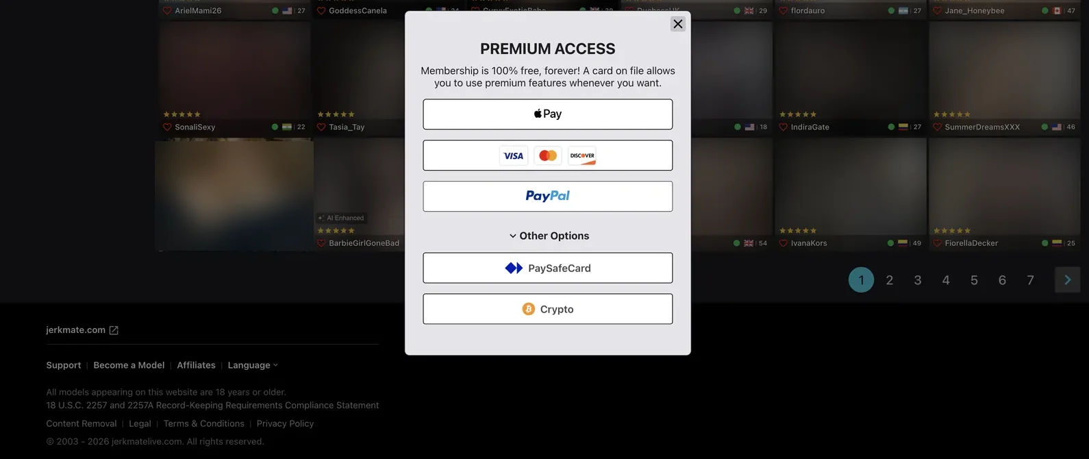 The Jerkmate Premium Access panel stating that membership is free forever and that a card on file unlocks premium features, listing Apple Pay, card networks, PayPal, PaySafeCard and crypto, above a footer carrying 2257 and 2257A compliance statements