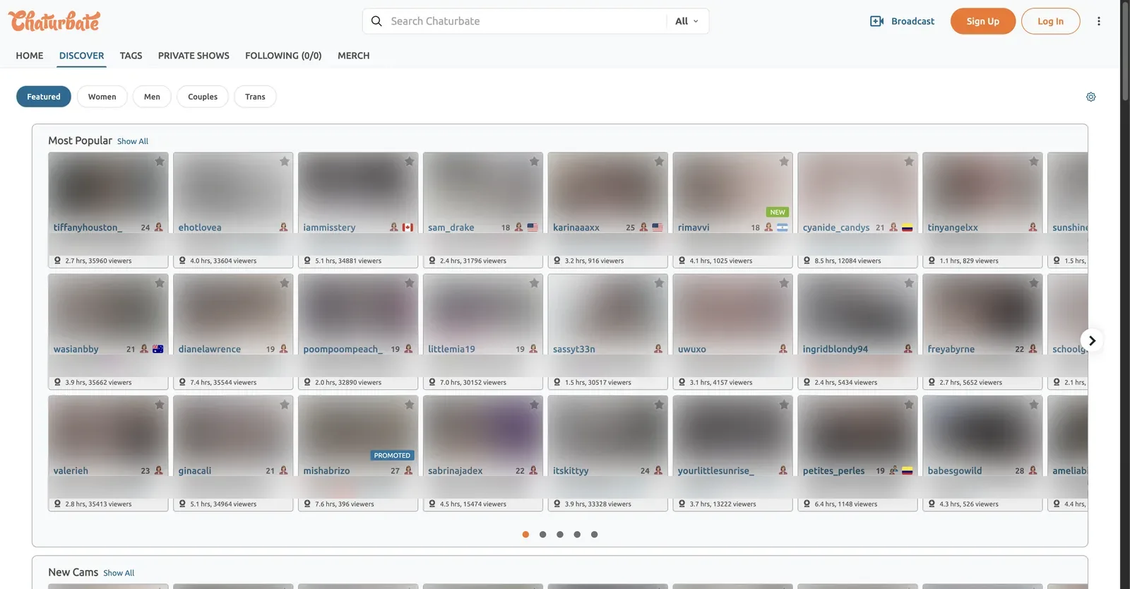 Chaturbate Discover page showing curated carousels of rooms including a Most Popular row and a New Cams row