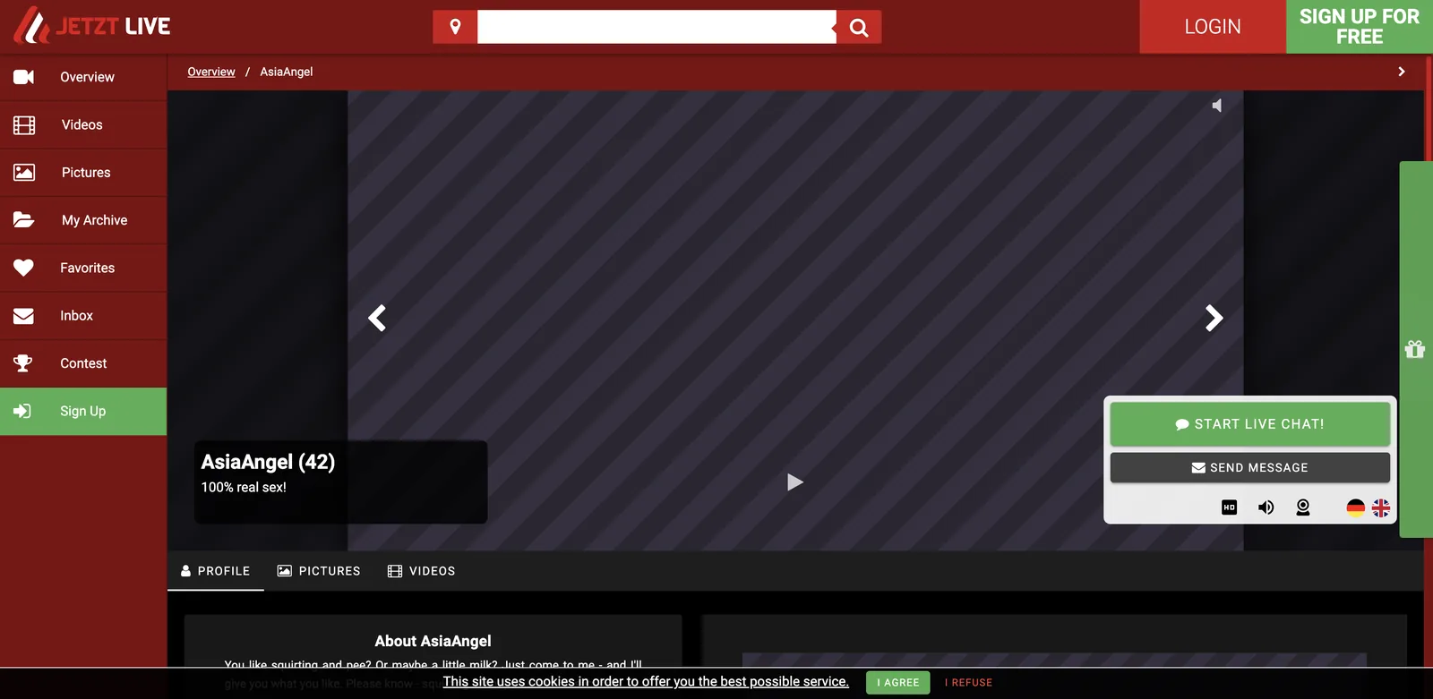 JetztLive performer page showing a start live chat button and a send message button with HD, audio, cam2cam and language badges beneath, above tabs for profile, pictures and videos and a structured about section